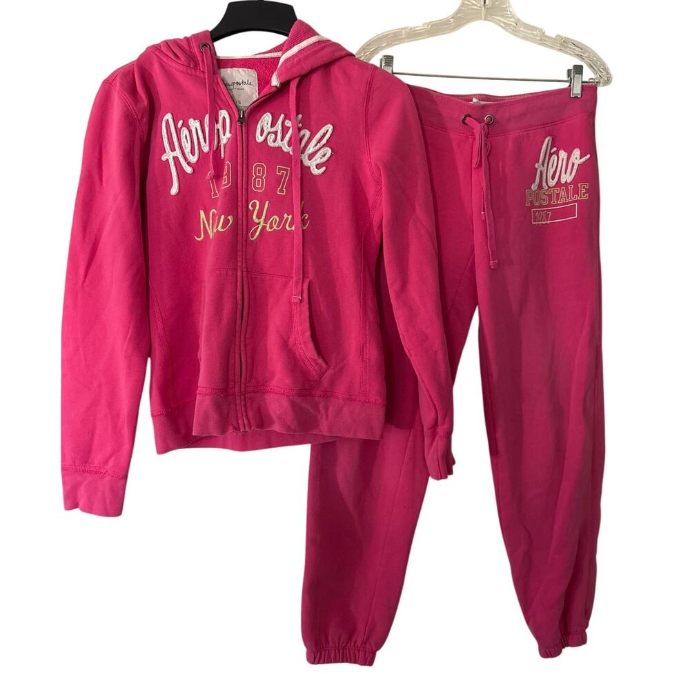Aeropostale 1987 New York Tracksuit Jogger Set Full Zip Hoodie Medium Large Pink